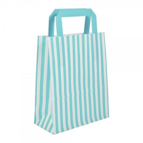 Large Aqua Blue Striped Flat Handled Paper Bags