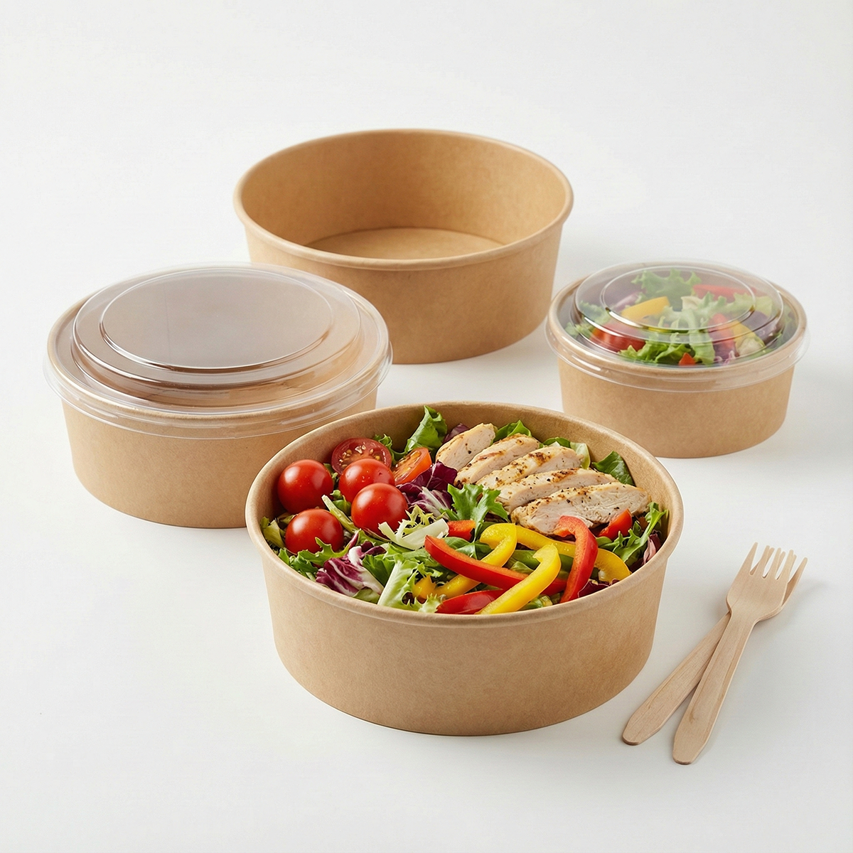 Disposable Round Kraft Paper Bowls & Lids
