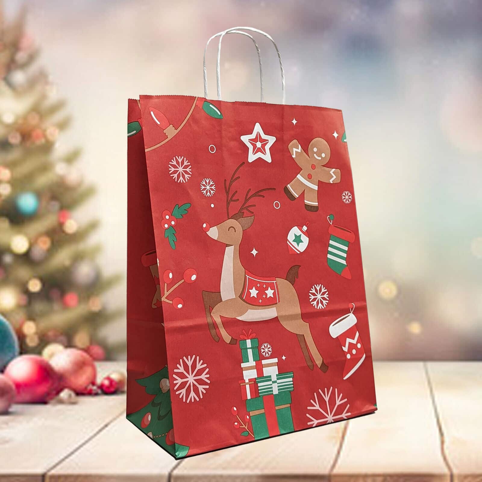 Christmas Design Paper Bags With Twisted Handles - Red