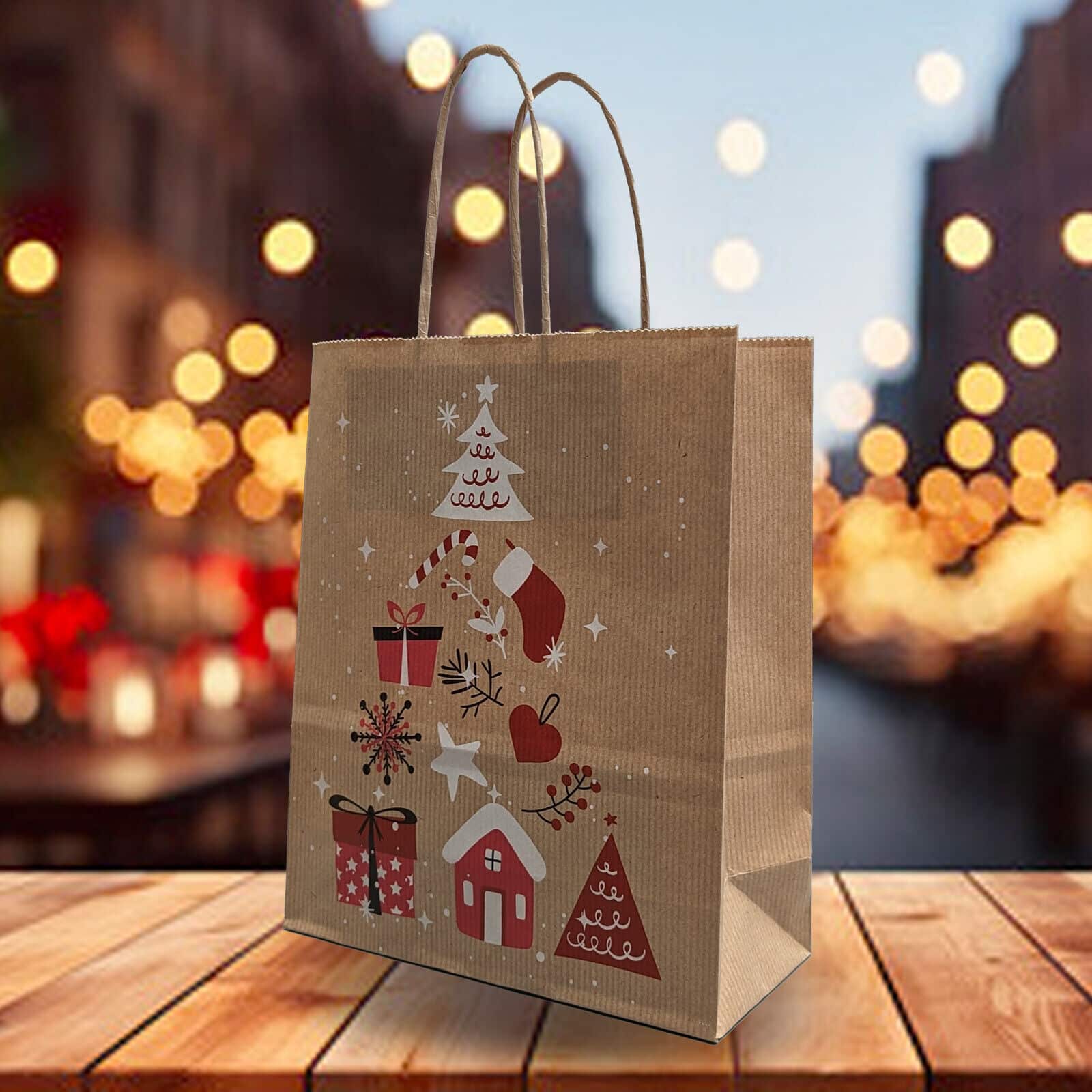 Christmas Design Paper Bags With Twisted Handles - Kraft