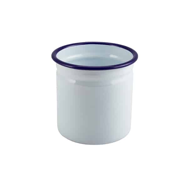 Enamel Cutlery Holder White with Blue Rim 11.5cm Dia - Pack of 6