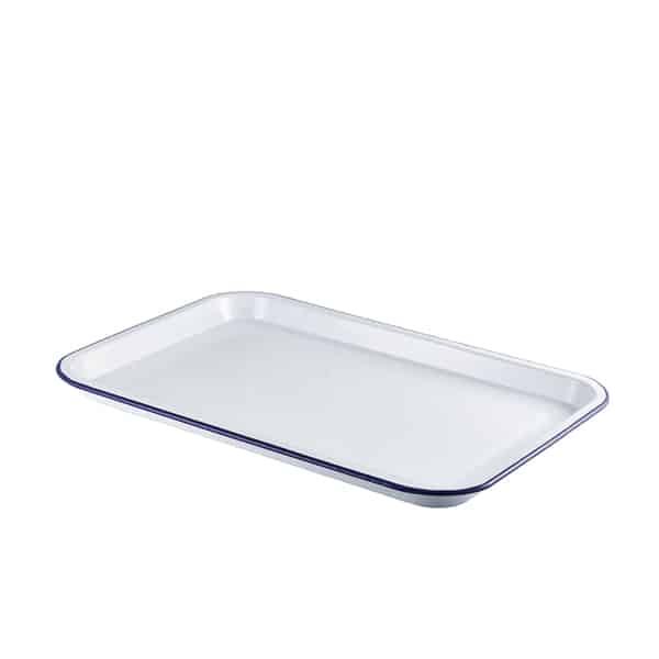 Enamel Serving Tray White with Blue Rim 33.5x23.5x2.2cm - Pack of 6