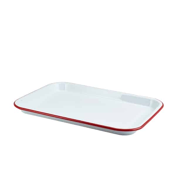 Enamel Serving Tray White with Red Rim 33.5x23.5x2.2cm - Pack of 6