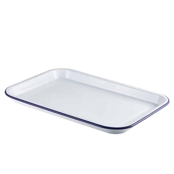 Enamel Serving Tray White with Blue Rim 38.2x26.4x2.2cm - Pack of 6