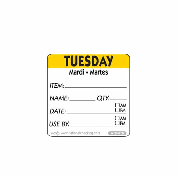 50mm Tuesday  Removable Day Label - 500 Lablels - Pack of 1