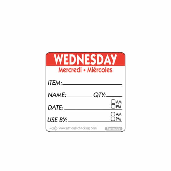 50mm Wednesday Removable Day Label - 500 Labels - Pack of 1